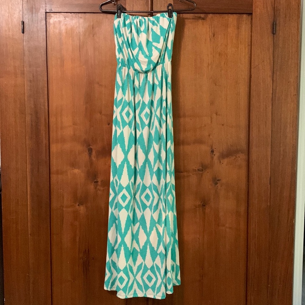 Turquoise and White Print Maxi Dress